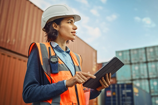 A port management auditor in white helmet.