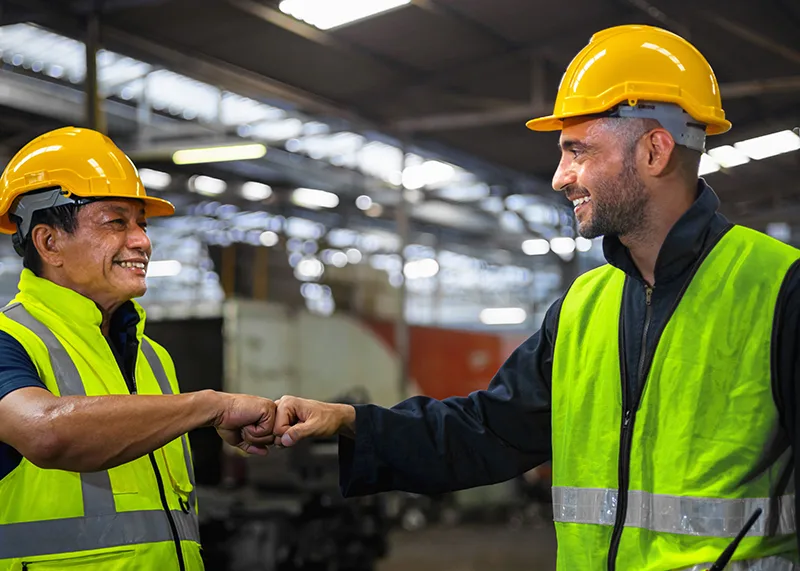 Two port workers in yellow vests fist bump.